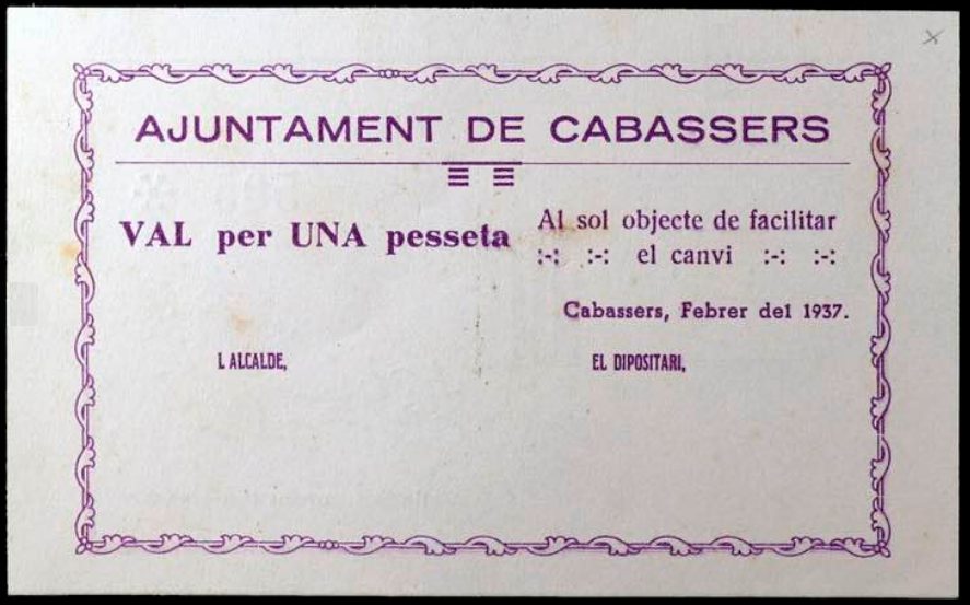 Catàleg dels bitllets locals de Cabassers emesos el 1937